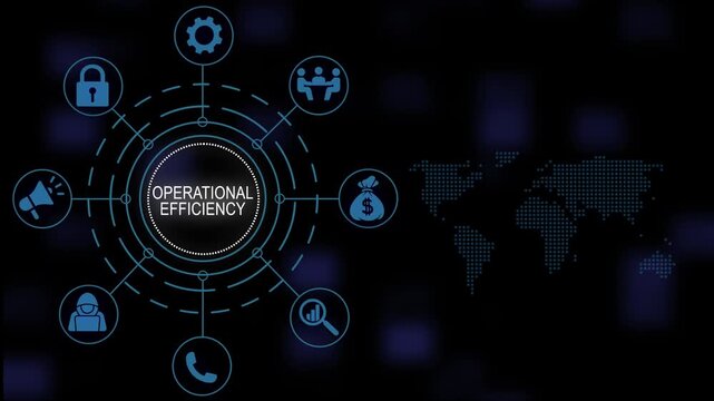 Operational efficiency concept animated infographic diagram featuring digital map background, business management strategy and corporate process optimization workflow animation