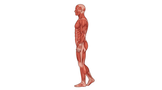 Lateral view vector illustration of the human muscular system showing major muscle groups including gluteus, abdominals, and quadriceps isolated on a clean white background.