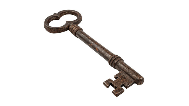 Single antique vintage rusty iron door skeleton key isolated on transparent background.