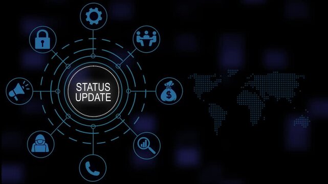 Comprehensive digital business status update concept animation featuring global network connections corporate interactive technology hud seamless loop dark background
