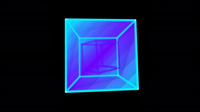 Glowing blue tesseract cube spinning rhythmically incorporating a seamless alpha-ready cutout in a minimalist digital workspace with neon futuristic light dynamics for high-tech product branding