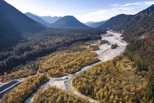 Aerial view, natural riverbed of the upper Isar in front of the Sylvenstein reservoir, wild river landscape Isartal, Bavaria, Germany