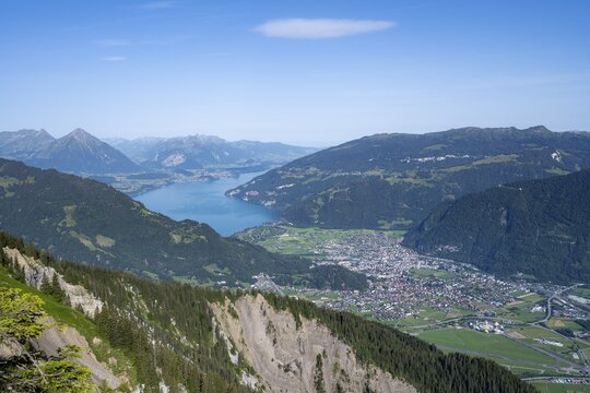 View of Interlaken and Lake Thun, Bernese Alps, Bernese Oberland, Switzerland