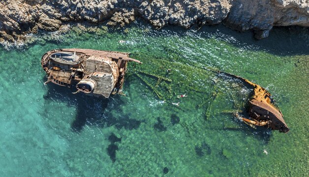 Aerial view, Shipwreck Olympia, Amorgos, Cyclades Island, Aegean Sea, Greece