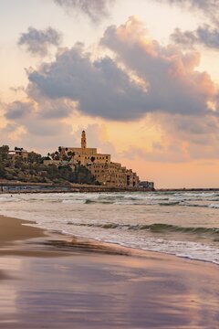 View over the beach, evening mood at the sea, Alma Beach, behind Tel-Aviv-Jaffa, Old Town, Tel Aviv, Israel