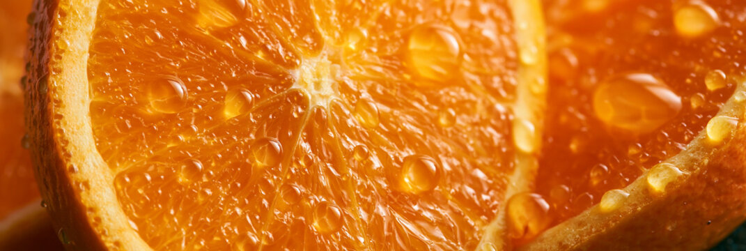 Orangenscheiben mit Wassertropfen
Frische Orangenscheiben mit gl&auml;nzenden Wassertropfen auf dunklem Untergrund.
