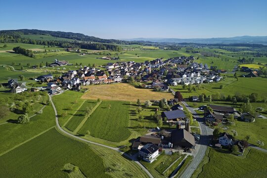 View of the village with Lindenberg in the back, Abtwil, Freiamt, Canton of Aargau, Switzerland