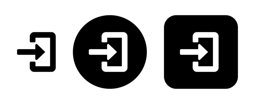 Login and sign in icon set featuring an entry door with arrow symbols in standalone, circular and rounded square styles for account access, authentication, user entry