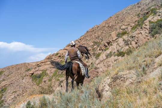 Traditional Kyrgyz eagle hunter with eagle in the mountains, hunting on horseback, near Kysyl-Suu, Kyrgyzstan