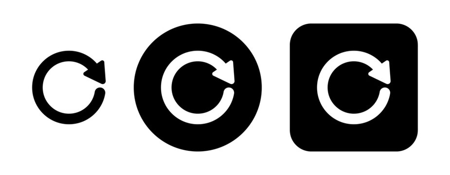 Refresh and reload icon set featuring circular arrow symbols in standalone, circular and rounded square styles for updating pages, retrying actions, restarting processes.