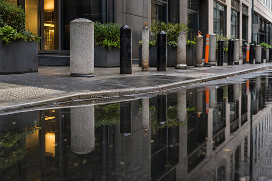 Bollards and Planters Narrowing City Sidewalk