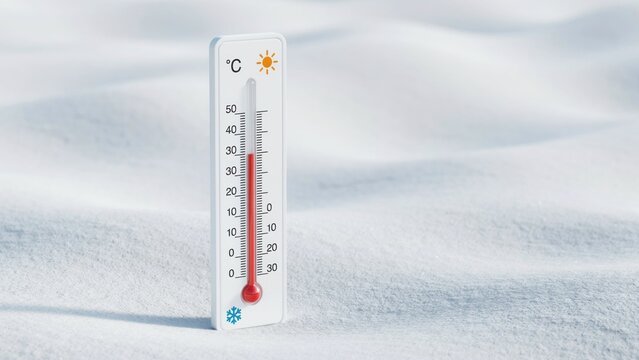 A thermometer indicating warm temperature standing in deep snow. Ideal for climate change concepts and winter season reporting.