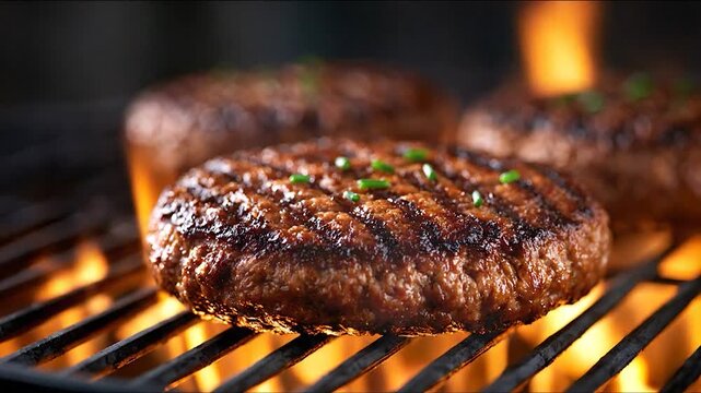 Juicy burger patties grilling on an open fire with visible grill marks and garnish