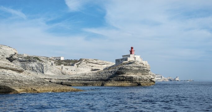 Chalk cliffs and lighthouse, Bonifacio, Corsica, France