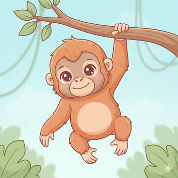 Cute orangutan hanging from tree