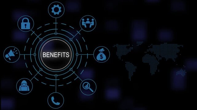 Comprehensive business benefits concept animation featuring interactive infographic diagram nodes and global map background, for corporate presentations, and marketing strategy solutions