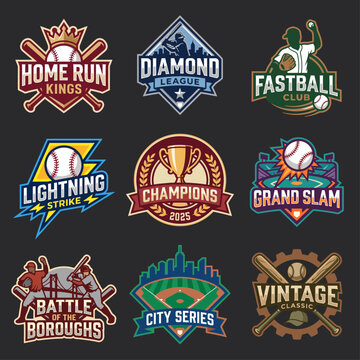 An attractive array of baseball logos that embody competition, teamwork, and excitement for clubs and tournaments, accentuated with unique designs and vivid colors.