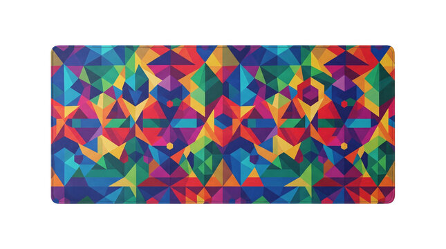 Vibrant geometric pattern on rectangular mat, colorful mosaic of triangular shapes, rainbow kaleidoscope design for desk accessory or gaming pad isolated PNG with Transparent Background