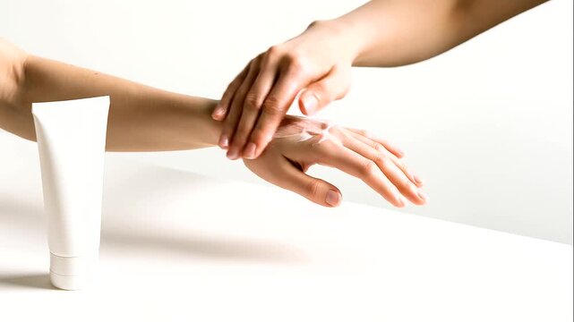 Close-up of female hands applying soothing white cream to a dry skin patch near the wrist, with a skincare product tube standing on a clean surface.