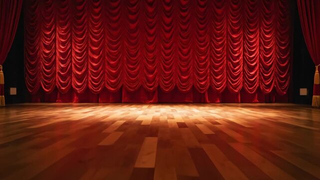 Empty stage with red curtains slowly illuminates with warm spotlights on a polished wood floor illumination theater performance