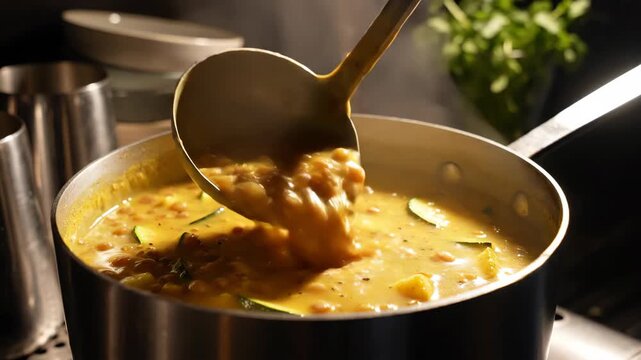A deep metal ladle lifts golden lentils, zucchini and tender vegetables from a brushed steel saucepan, revealing a creamy glossy texture under warm side light for an inviting wholesome dinner scene