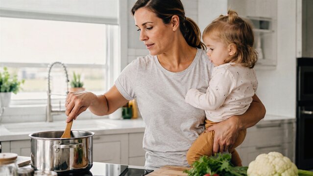 Busy mother balancing a child on her hip and preparing food at the same time, expressing realistic family routine, domestic pressure and hands-on toddler care.