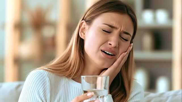 Young woman holding a glass of cold water while touching her cheek with a painful expression, experiencing sudden tooth sensitivity and dental discomfort at home.