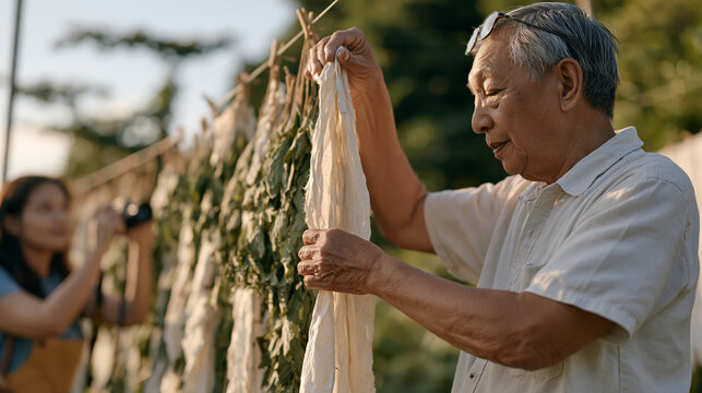 A Filipino elderly farmer in golden evening light pushes reading glasses up onto his forehead while tagging rows of drying herbs, his deeply lined face radiating authentic