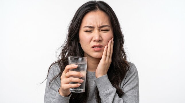 Toothache Suffering Young Woman Holding a Glass of Cold Water While Touching Her Cheek in Pain to Soothe Sensitive Teeth and Oral Discomfort