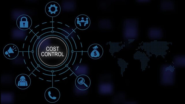 Comprehensive digital business concept animation highlighting strategic cost control management solutions featuring interactive global network and financial growth infographics on dark background