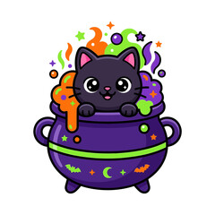 Fototapeta premium Cute black cat in halloween cauldron, magic potion, cartoon style
