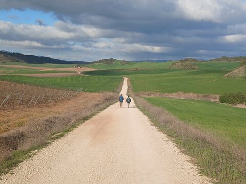 Camino de Santiago, two pilgrims in an open landscape