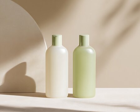 shampoo and conditioner bottles packaging mockup on beige bathroom background 