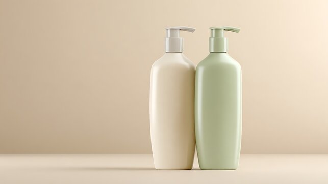 shampoo and conditioner bottles packaging mockup on beige bathroom background 