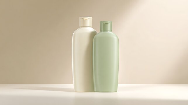 shampoo and conditioner bottles packaging mockup on beige bathroom background 