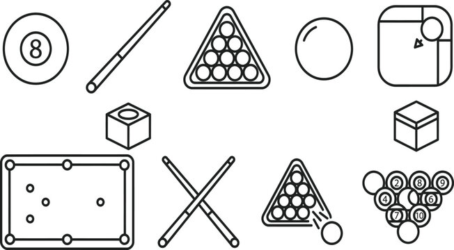 Billiard line icon set with pool table and cues for sports leisure and entertainment design concept.