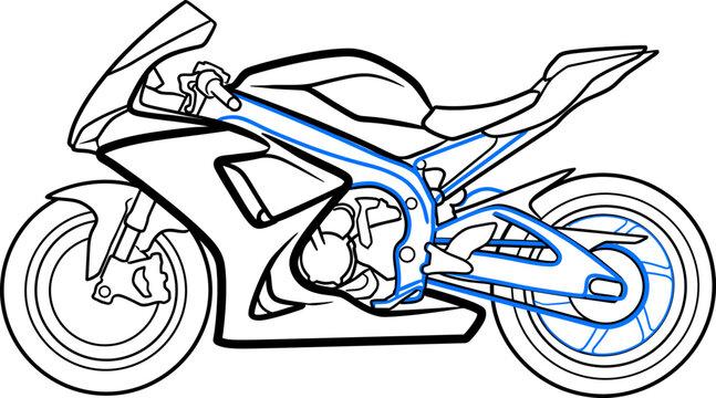 Sport motorcycle line drawing with highlighted blue frame and swingarm details for engine design.