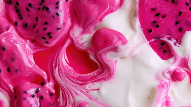 Red dragon fruit juice mixes with white cream in a top view. The bright colors create striking patterns in a tropical setting.
