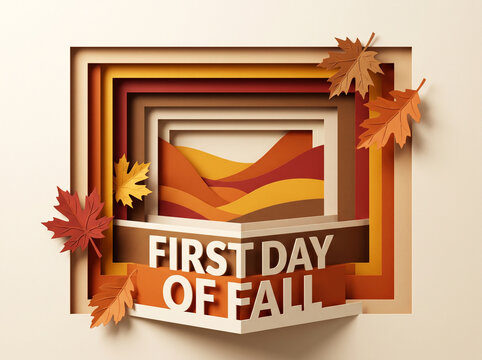 Layered paper cut art design for first day of fall with autumn leaves and geometric frames.