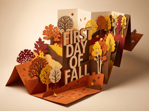 Pop-up paper craft displaying first day of fall greeting card with colorful autumn trees and leaves.