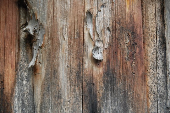 Close-up of aged weathered wooden planks with cracked, peeling, and rough natural grain. Gray and brown tones create a rustic, distressed surface texture suitable for backgrounds, vintage designs, con