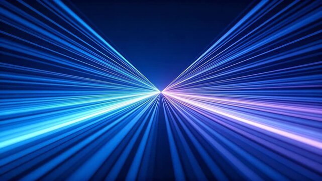 Abstract high speed tunnel with radial blue and purple light beams on dark background