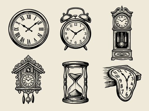 Clock icon set, linocut wall clock, alarm clock, grandfather clock, cuckoo clock, hourglass, melt clock, black ink on cream