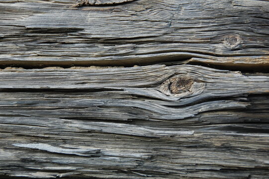 Close-up of aged weathered wooden planks with cracked, peeling, and rough natural grain. Gray and brown tones create a rustic, distressed surface texture suitable for backgrounds, vintage designs, con