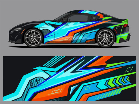 Colorful sports car with vibrant abstract racing decals 2.