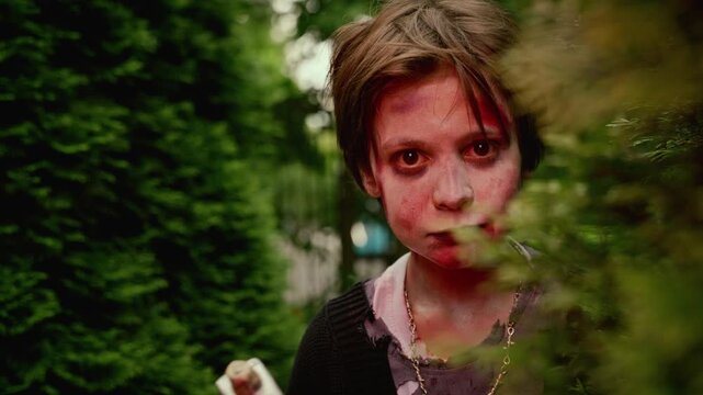 Portrait of Caucasian teenager wearing zombie Halloween makeup emerging from bushes and raising axe in slow motion. Perfect for horror movie promotions and scary holiday campaigns
