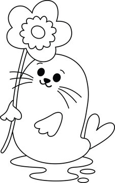 Cute Baby Seal Coloring Page With Flower