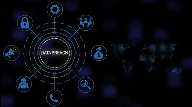 Comprehensive data breach cyber security infographic animation featuring global map network connections and digital hacking against dark blue technology background