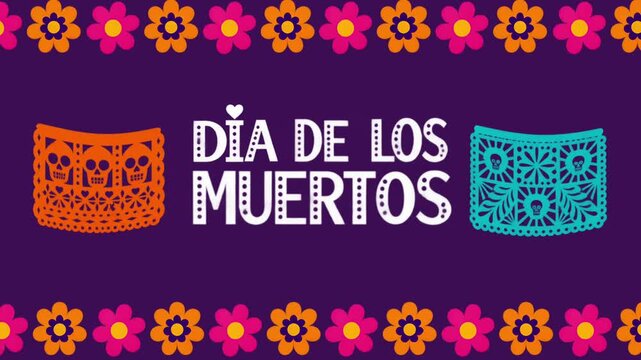 Dia de los Muertos Typography Animation with Papel Picado and Floral Border on Purple Background, Mexican Holiday Motion Graphic