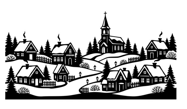 village, church, countryside, illustration, vector, silhouette, house, hill, winter, landscape, holiday, christmas, snow, tree, pine, chimney, smoke, town, rural, steeple, cottage, scenic, woodcut, bl